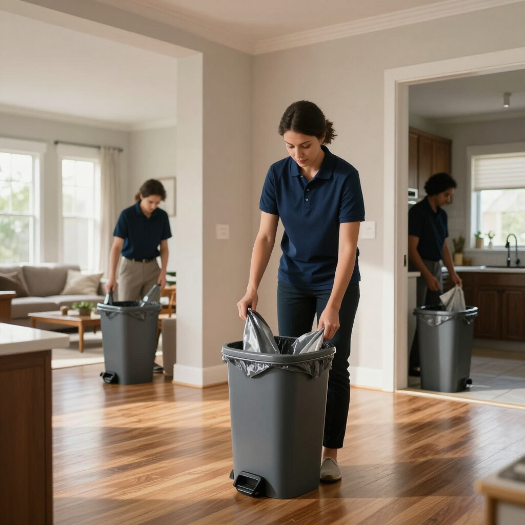 Person emptying trash into a bin in a sunlit living room with hardwood floors and a large mirror.