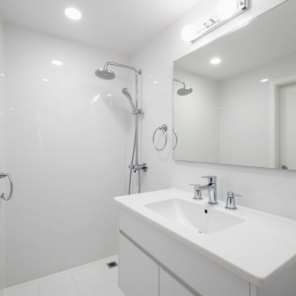 Bright modern bathroom with white sink vanity, mirror, and shower stall