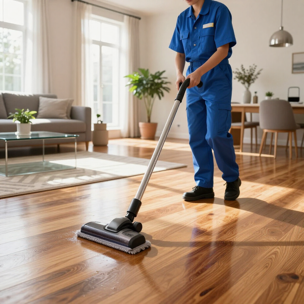 Cleaner in blue uniform vacuuming a hardwood floor in a bright living room