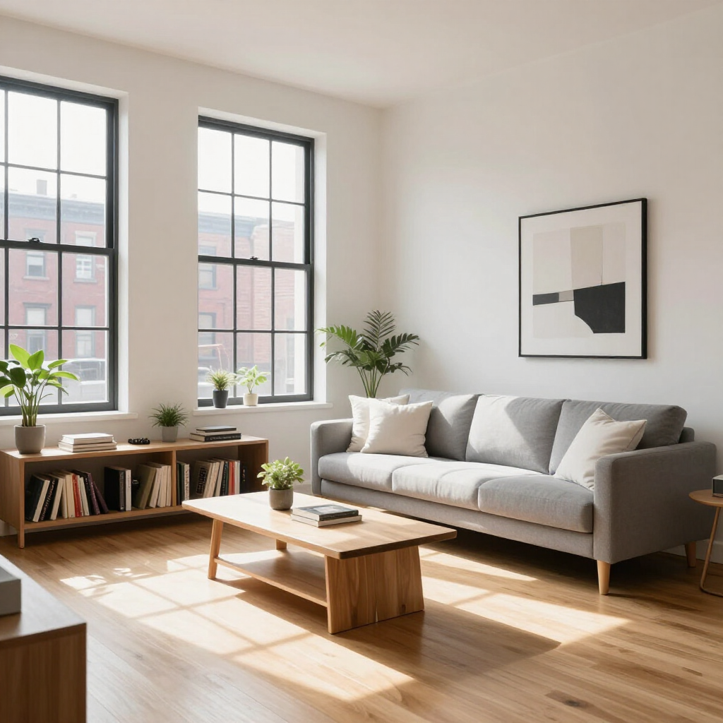Bright living room with gray sofa, wooden coffee table, plants, and large windows with sunlight.