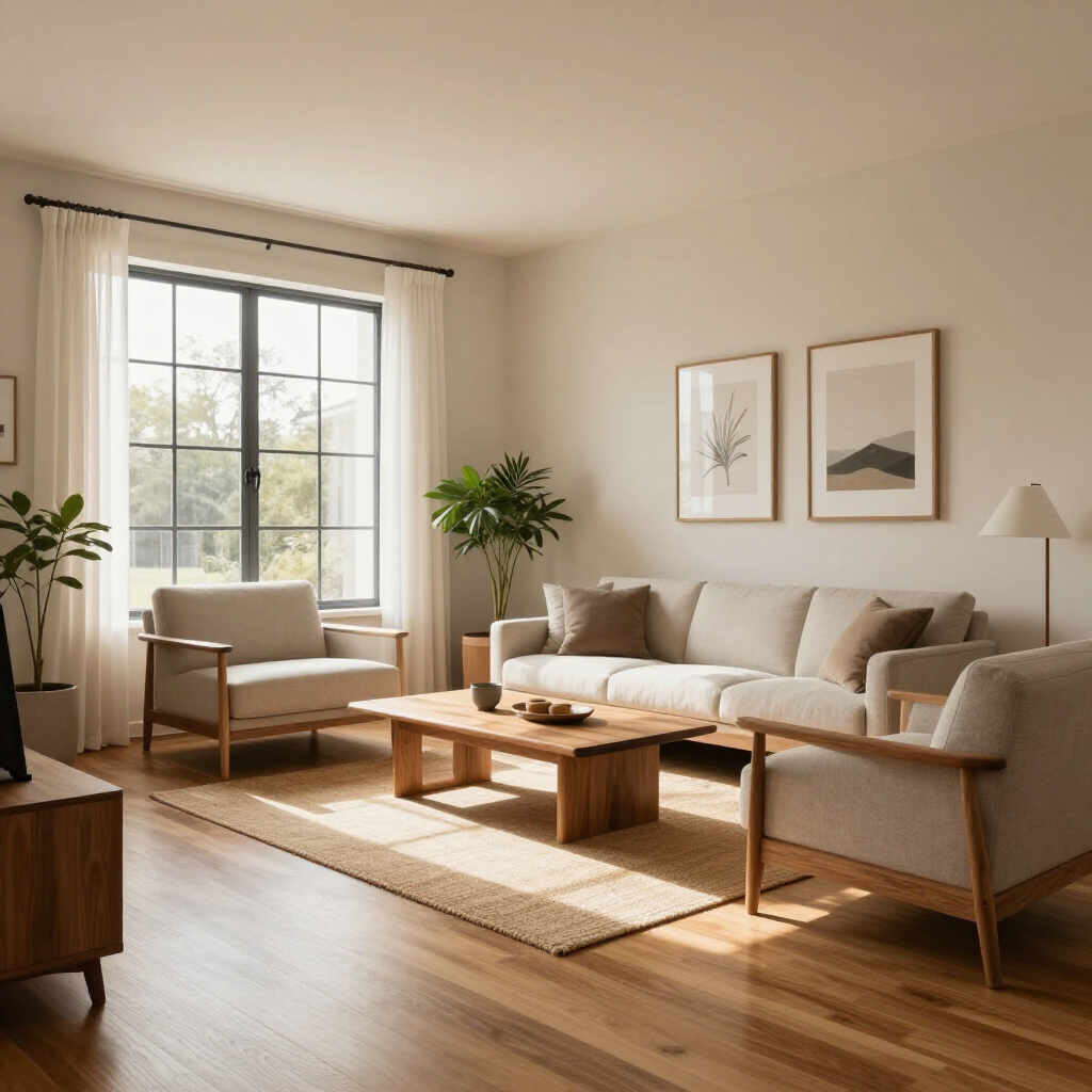 Bright living room with beige sofa, armchairs, wooden coffee table, large window, and warm natural light