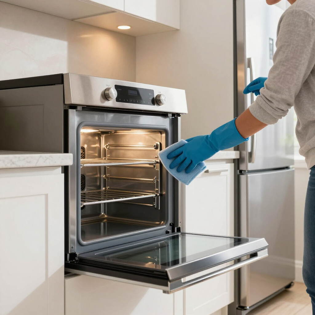 Person in blue gloves opening a stainless steel oven in a modern kitchen
