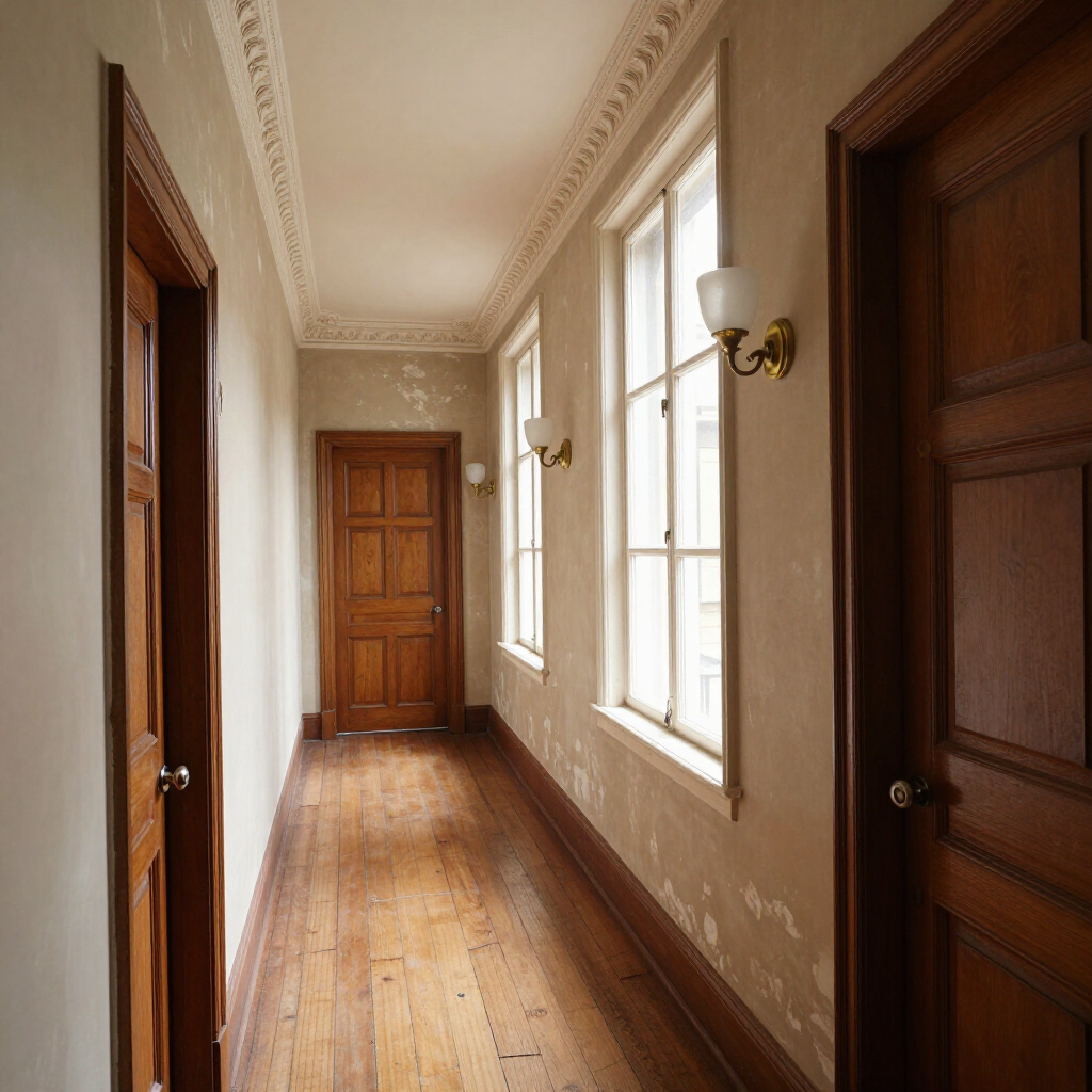 Narrow wooden hallway with tall windows, paneled doors, and white walls in warm light