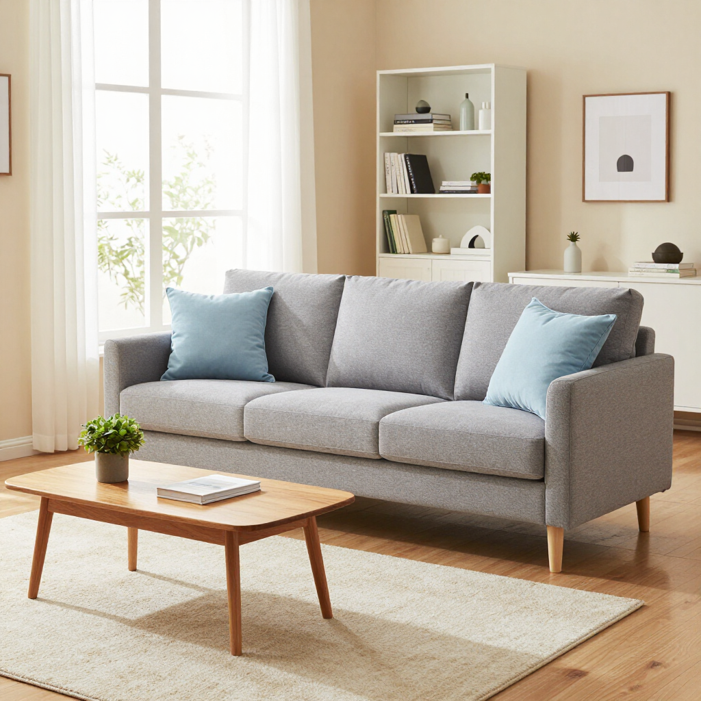 Bright living room with gray sofa, blue pillows, wooden coffee table, and sunlit window
