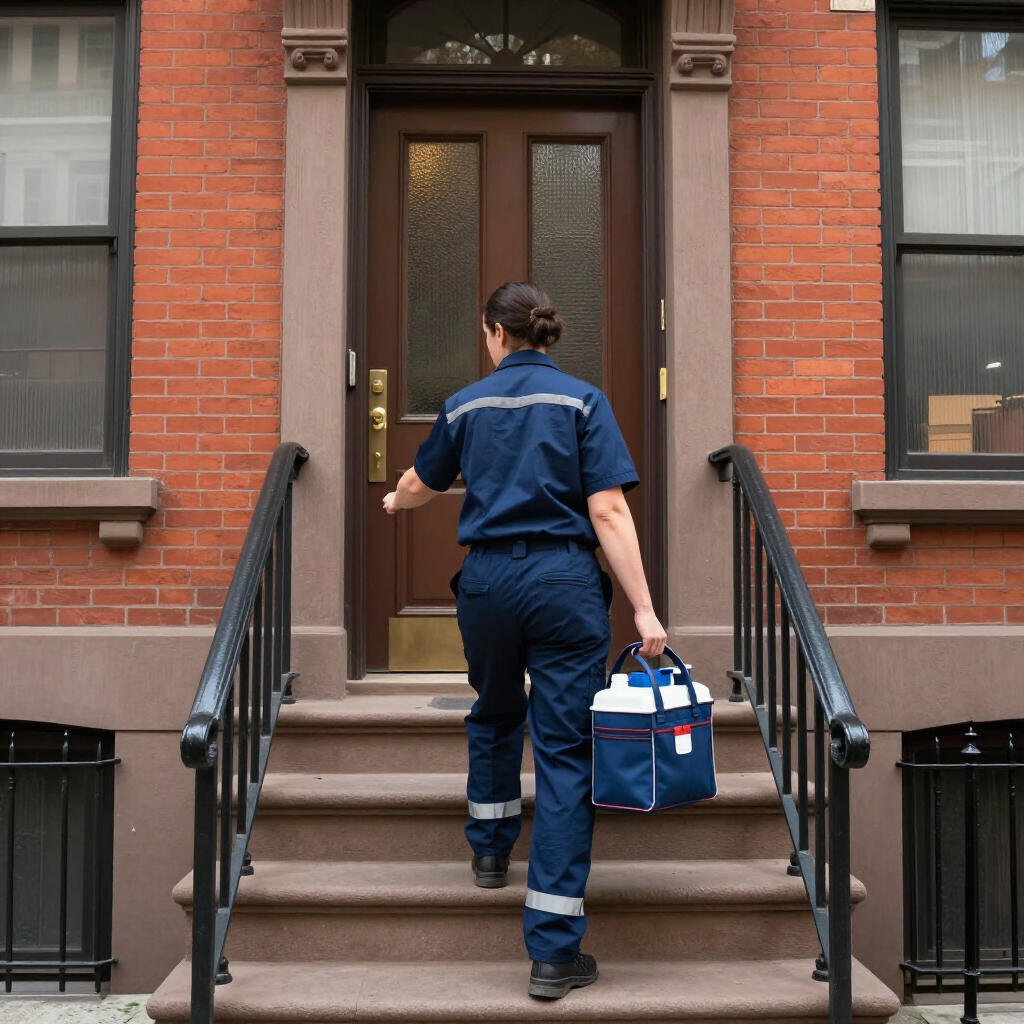 Delivery worker carrying a blue cooler up brick townhouse steps to a front door