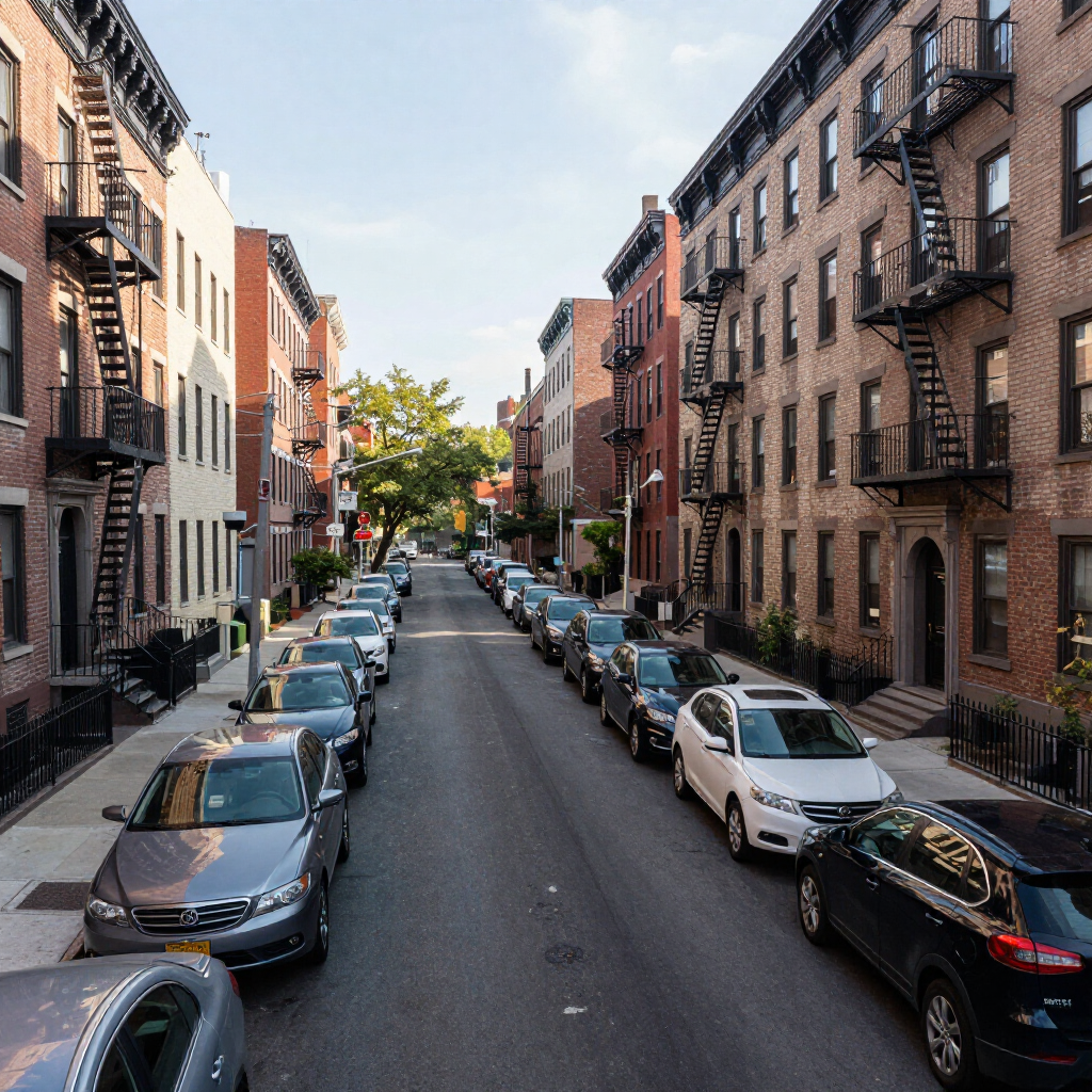 A quiet city street lined with parked cars and brick apartment buildings on both sides.