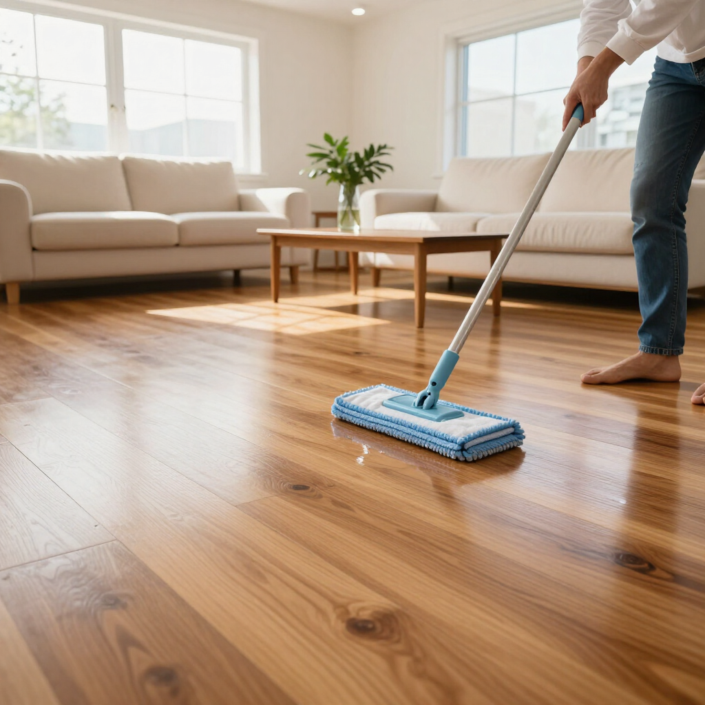 Person mopping a sunlit hardwood floor in a bright living room
