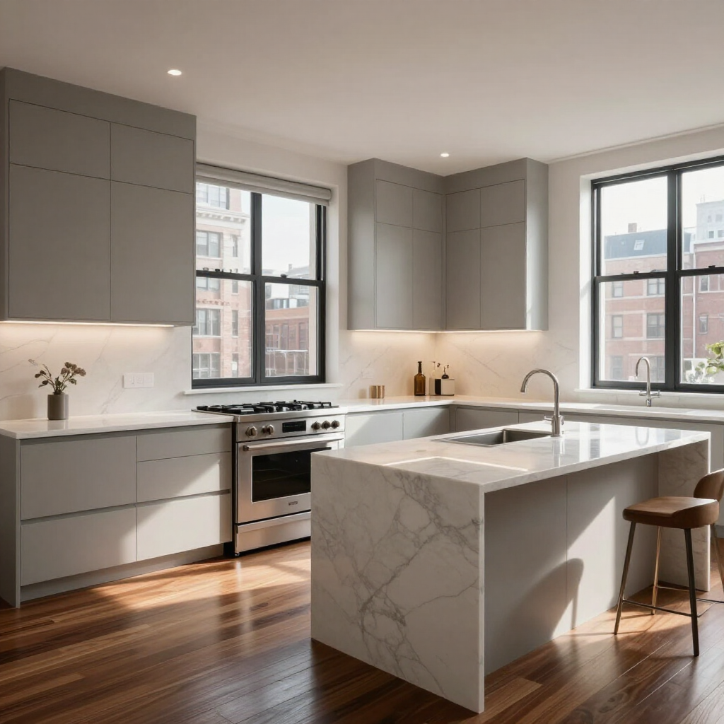 Modern kitchen with gray cabinets, marble island, and sunlight from large windows.