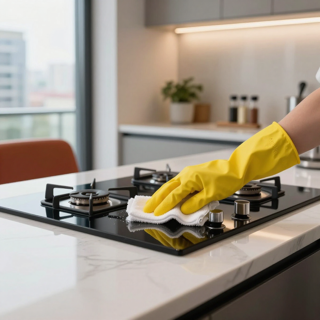 Yellow-gloved hand cleaning a black glass gas stovetop with a cloth in a bright kitchen