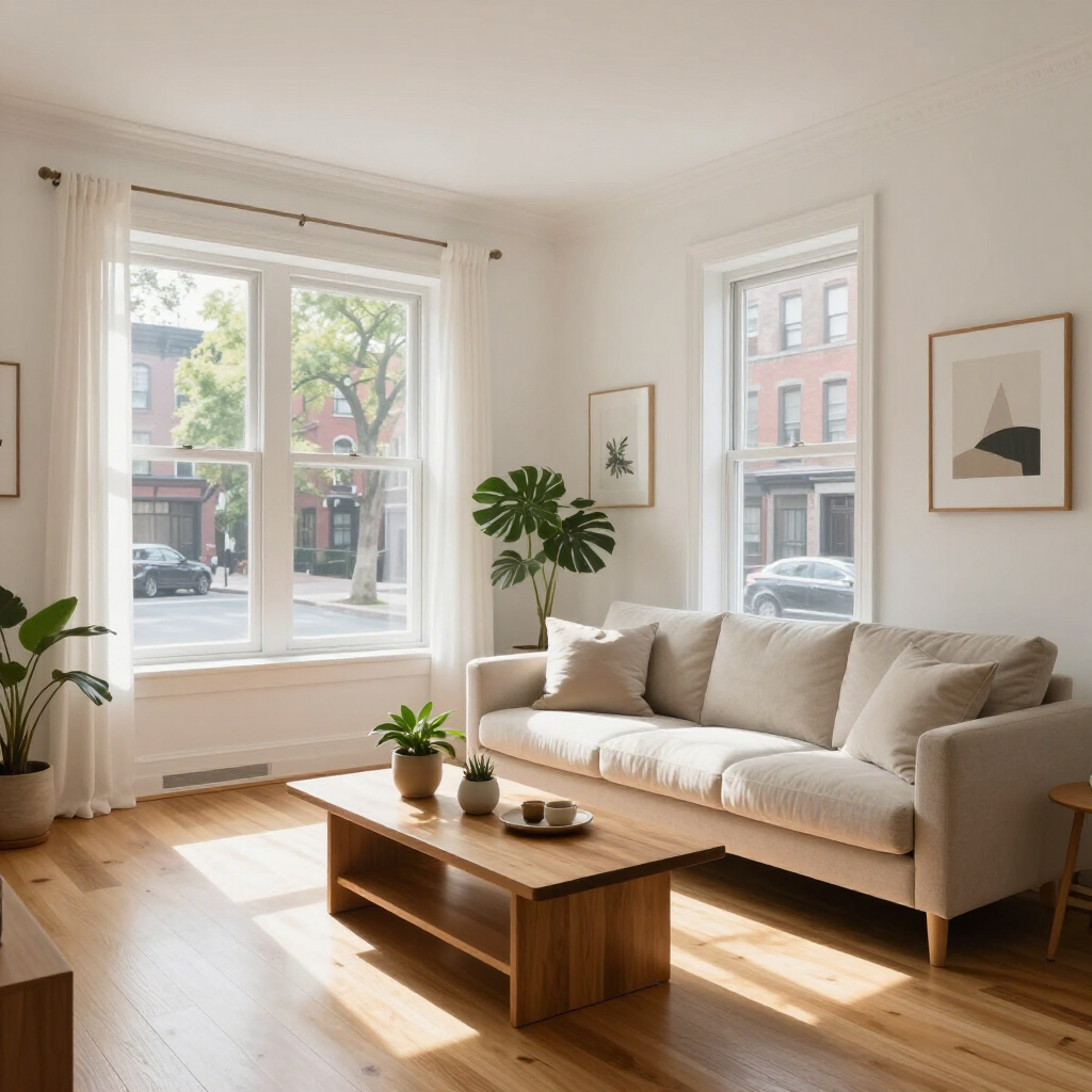 Bright living room with beige sofa, wooden coffee table, plants, and large windows letting in sunlight.