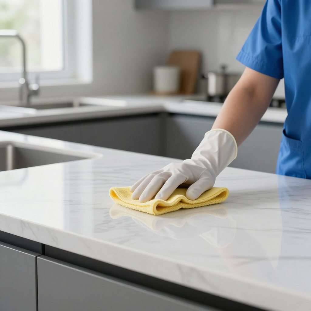 Gloved hand wiping a white kitchen countertop with a yellow cloth