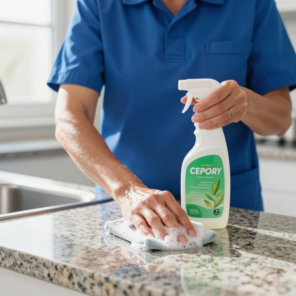 Person in blue shirt cleaning a granite countertop with a spray bottle and cloth.