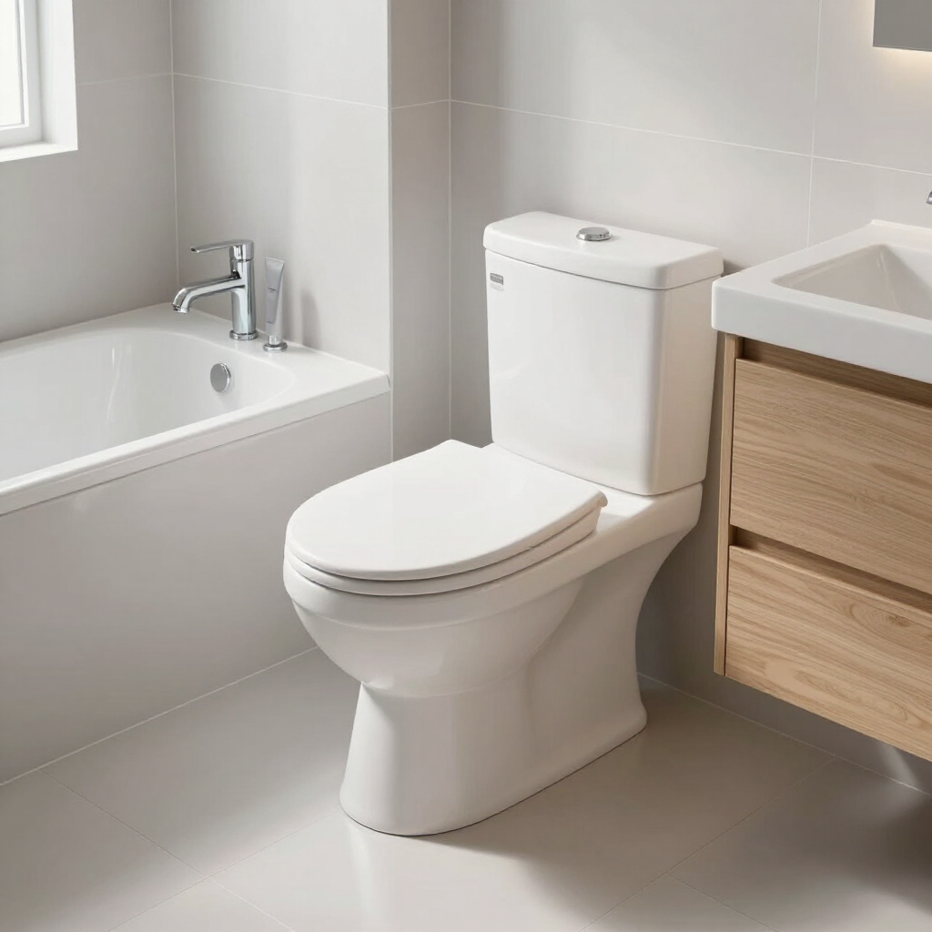 Modern bathroom with a white toilet, bathtub, and sink with wood vanity cabinets.