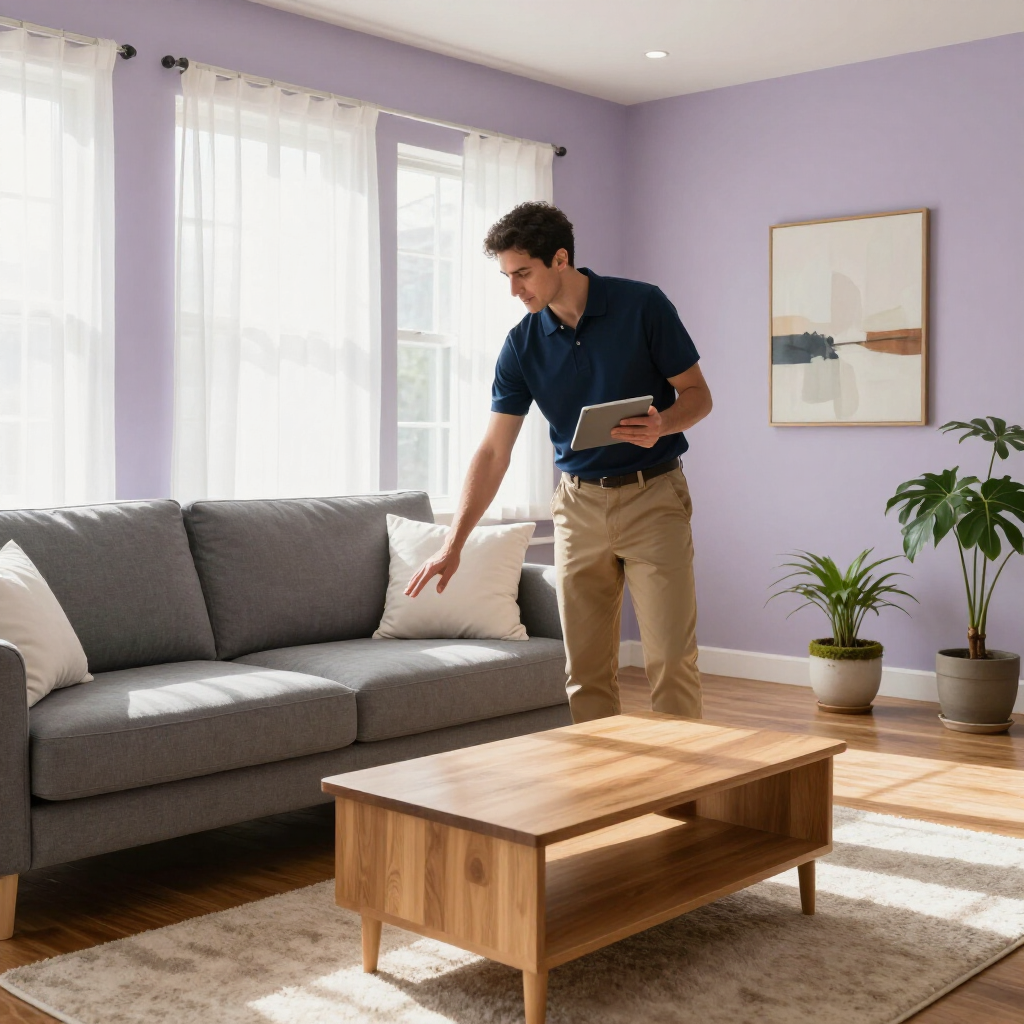 Person cleaning a gray sofa in a bright living room with lavender walls and a wooden coffee table