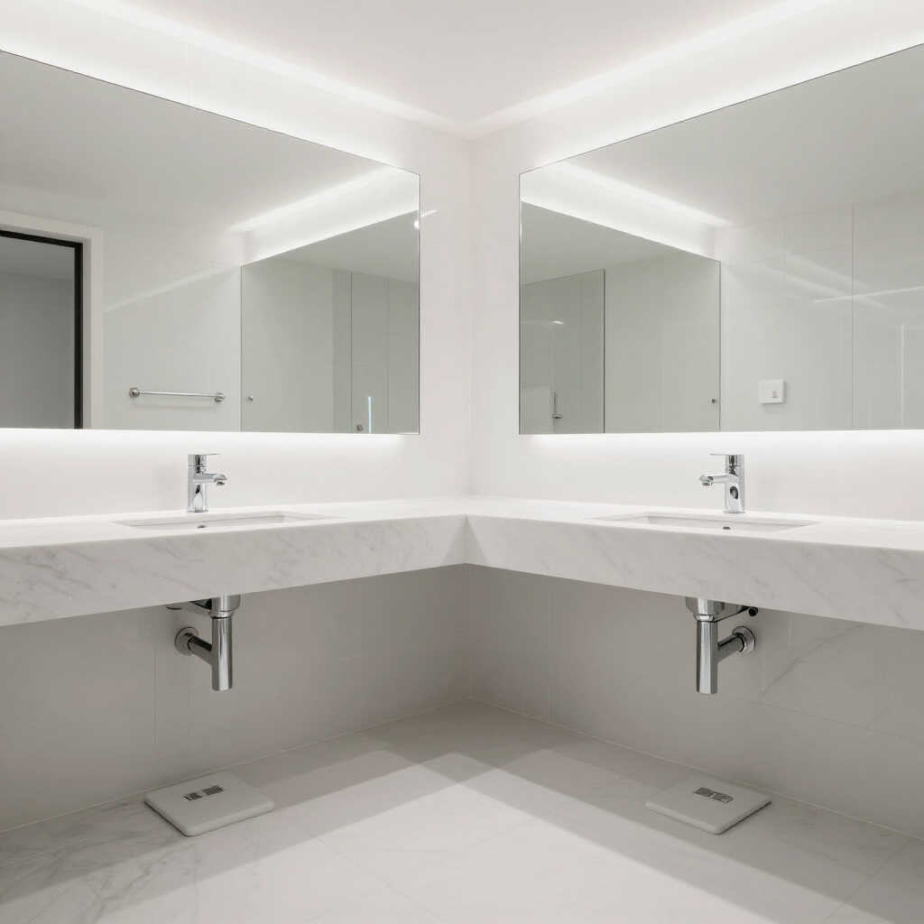 Modern white double-sink bathroom vanity with large mirrors and bright lighting