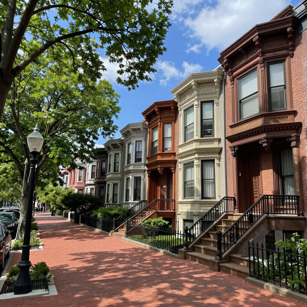 Row of colorful Victorian townhouses along a tree-lined brick sidewalk under a blue sky.