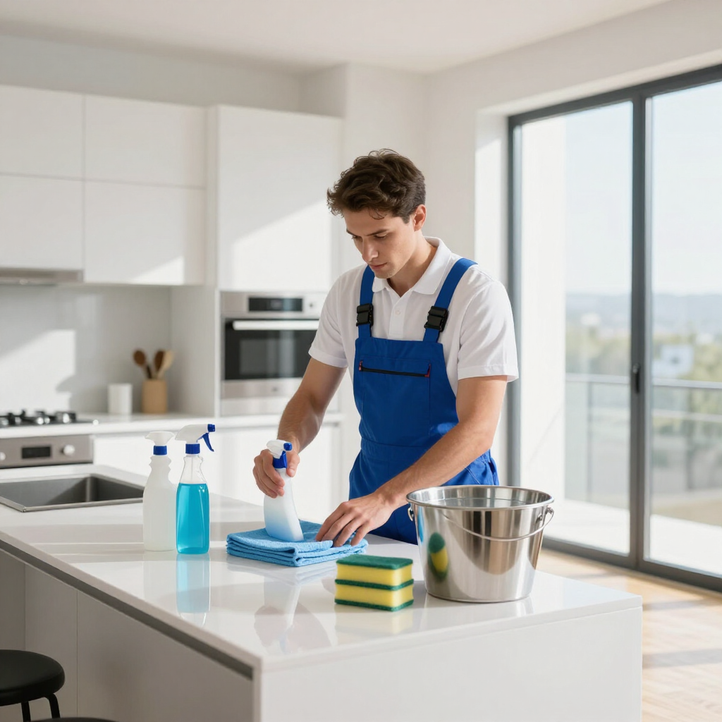 Person cleaning a bright kitchen counter with spray bottle, cloth, and supplies