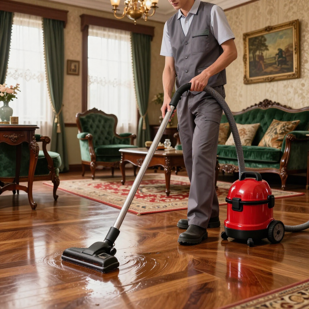 Person vacuuming a polished living room floor with a red canister vacuum