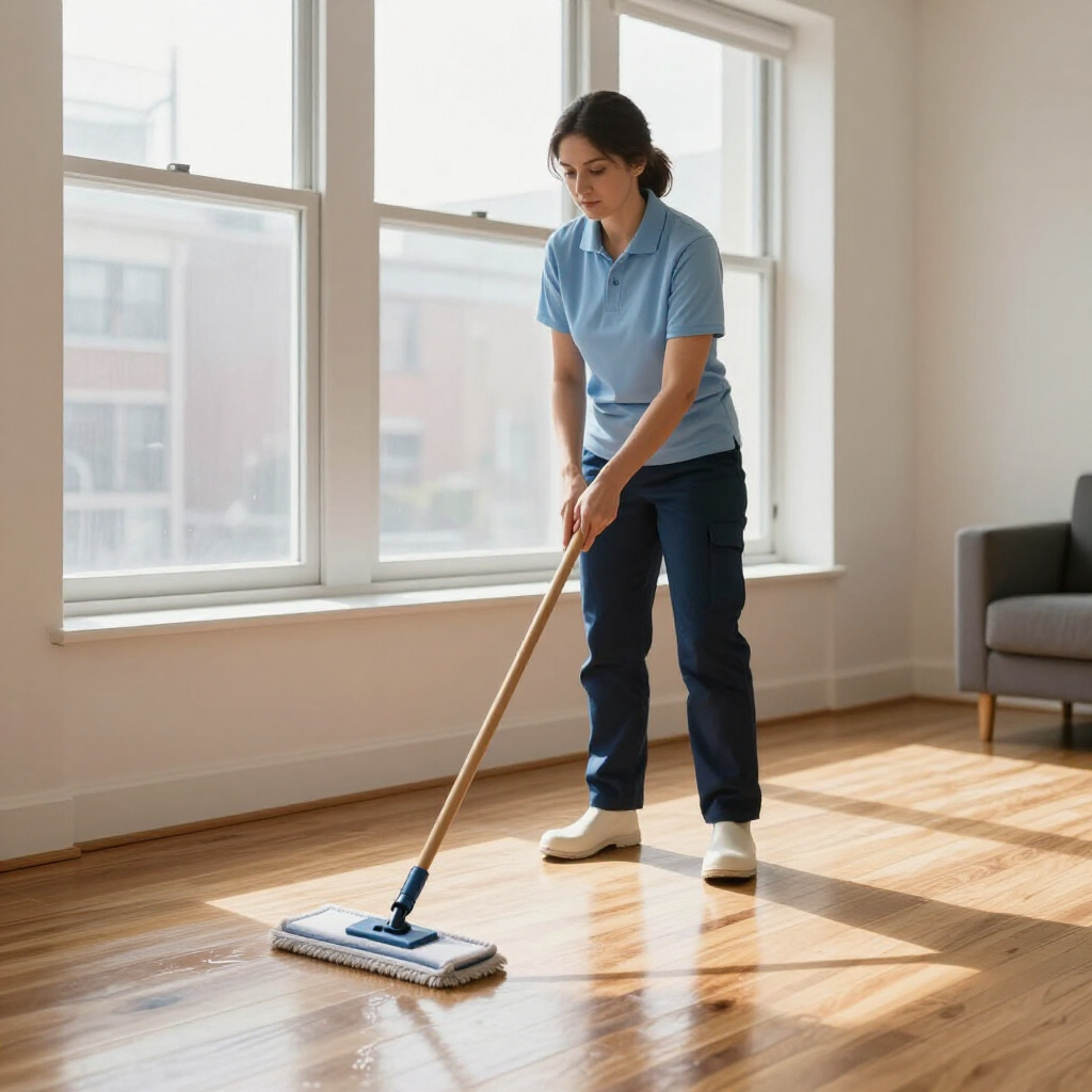 Person mopping a sunlit hardwood floor in a bright living room