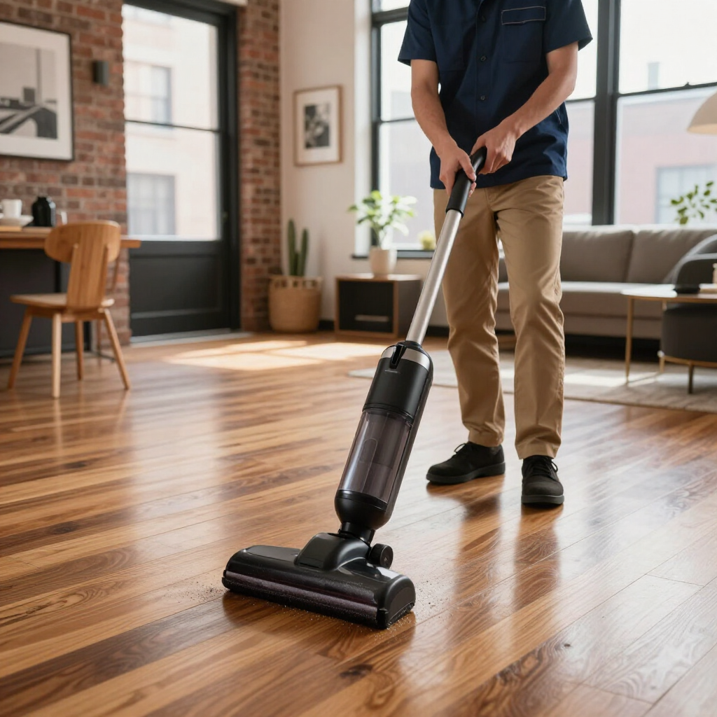 Person vacuuming a sunlit wooden floor in a modern living room