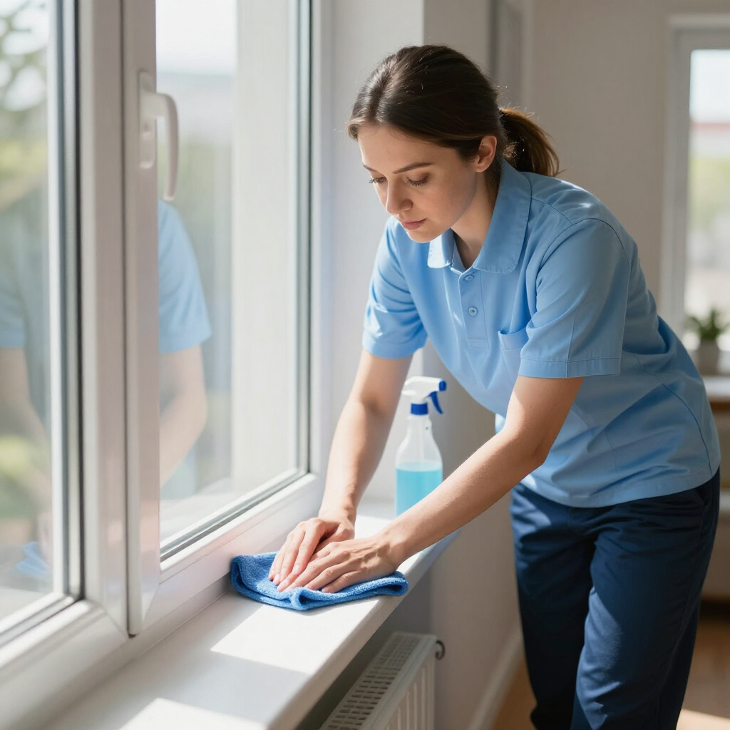 Cleaner wiping a windowsill with a blue cloth in a bright room