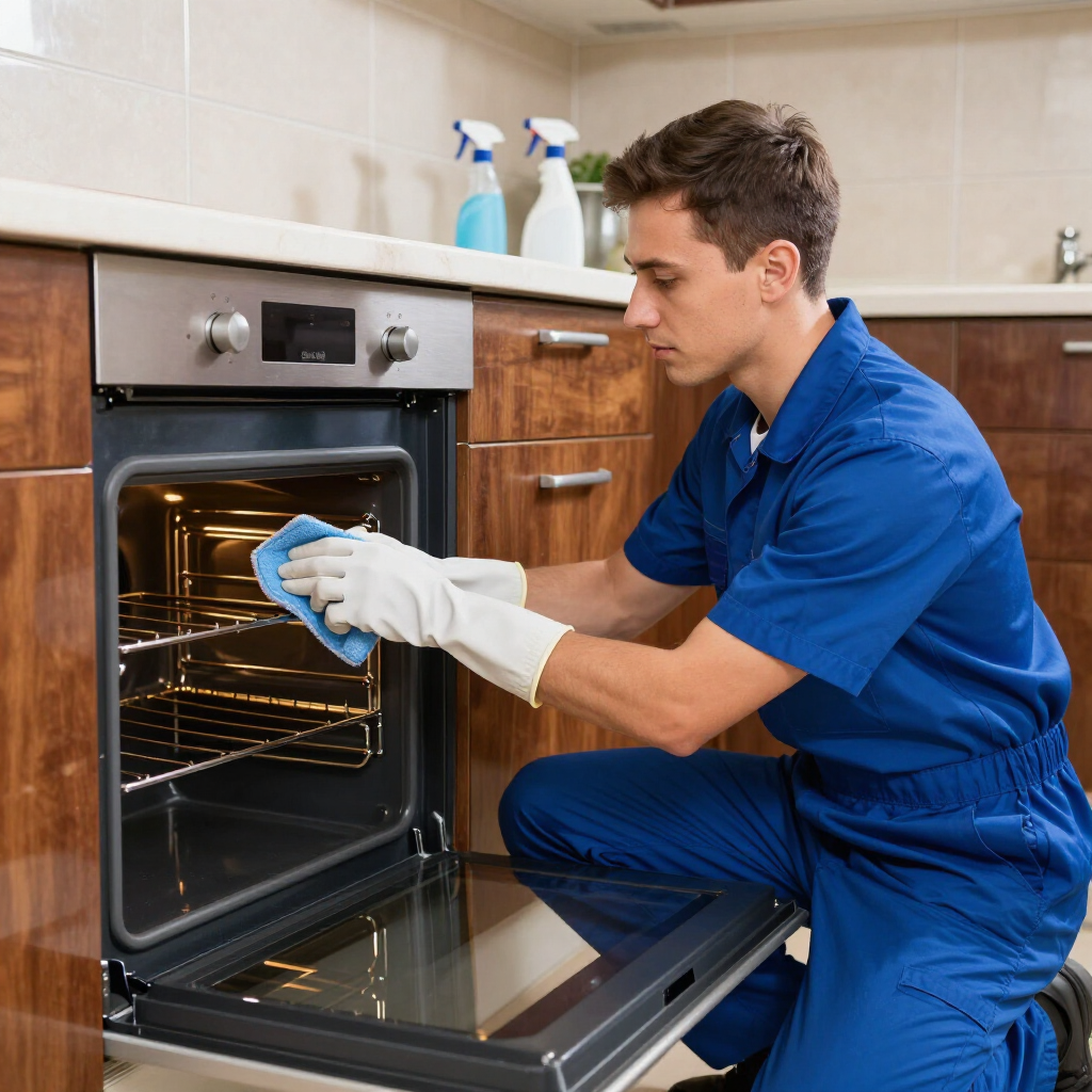 Technician cleaning an open oven with a cloth in a kitchen, wearing blue uniform and white gloves