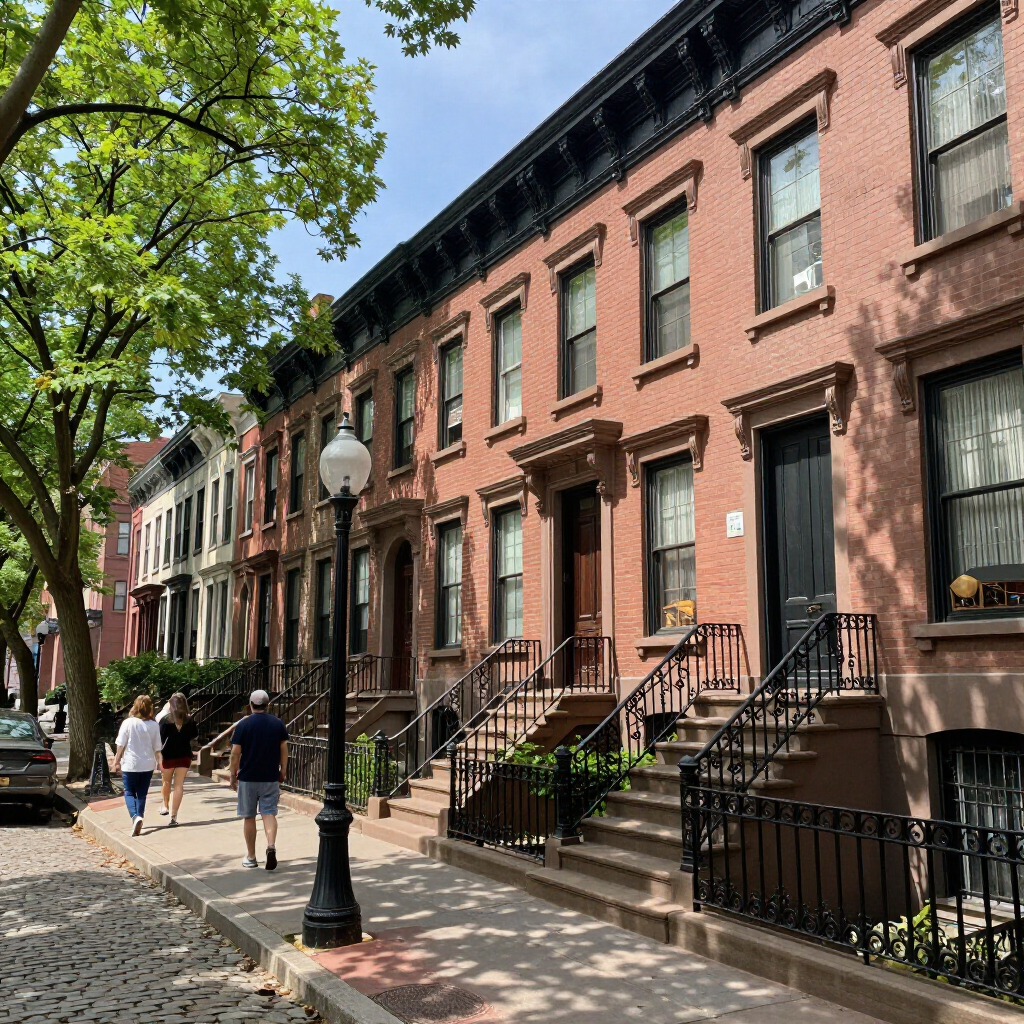 Sunlit brick rowhouses with stoops along a tree-lined city sidewalk, with pedestrians walking by.