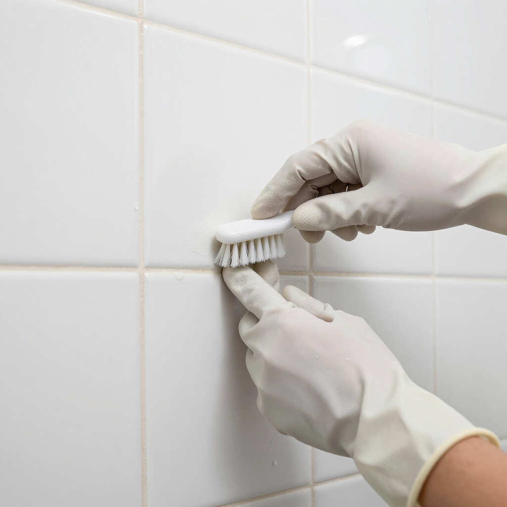 Gloved hands scrubbing white tile grout with a small brush