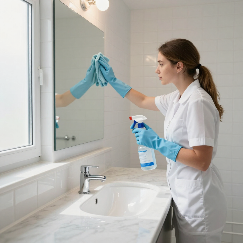 Person in white uniform cleaning a bathroom mirror with a spray bottle and blue gloves