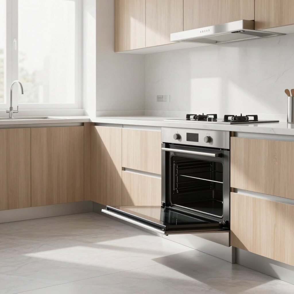 Modern kitchen with light wood cabinets, white countertops, sink, stove, and an open oven door