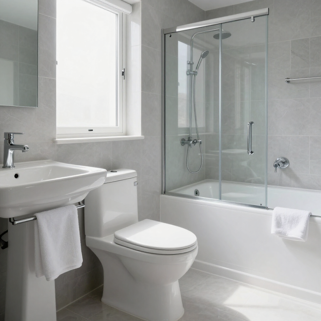 Modern white bathroom with sink, toilet, and glass-enclosed bathtub shower.