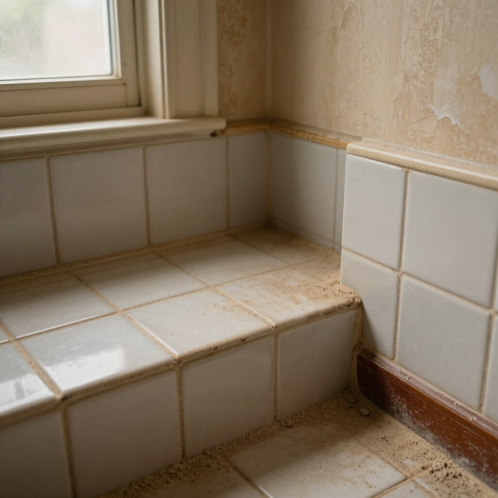 Tiled step beside a window in a beige, slightly worn bathroom corner