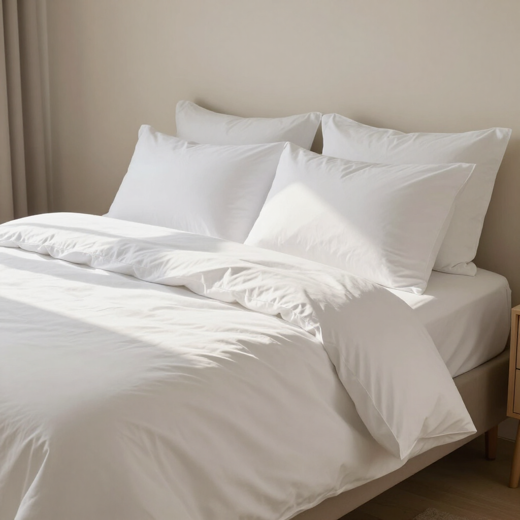 White bed with pillows and rumpled duvet in a softly lit bedroom