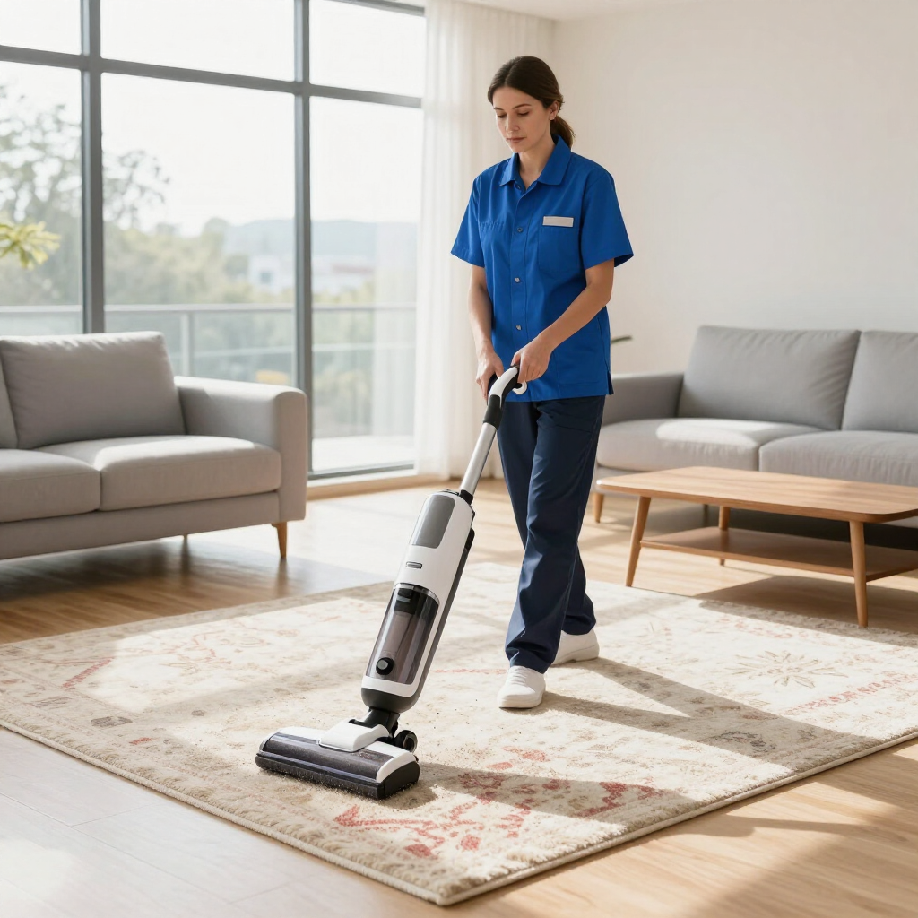 Person vacuuming a patterned rug in a bright living room with gray sofas and a wooden coffee table