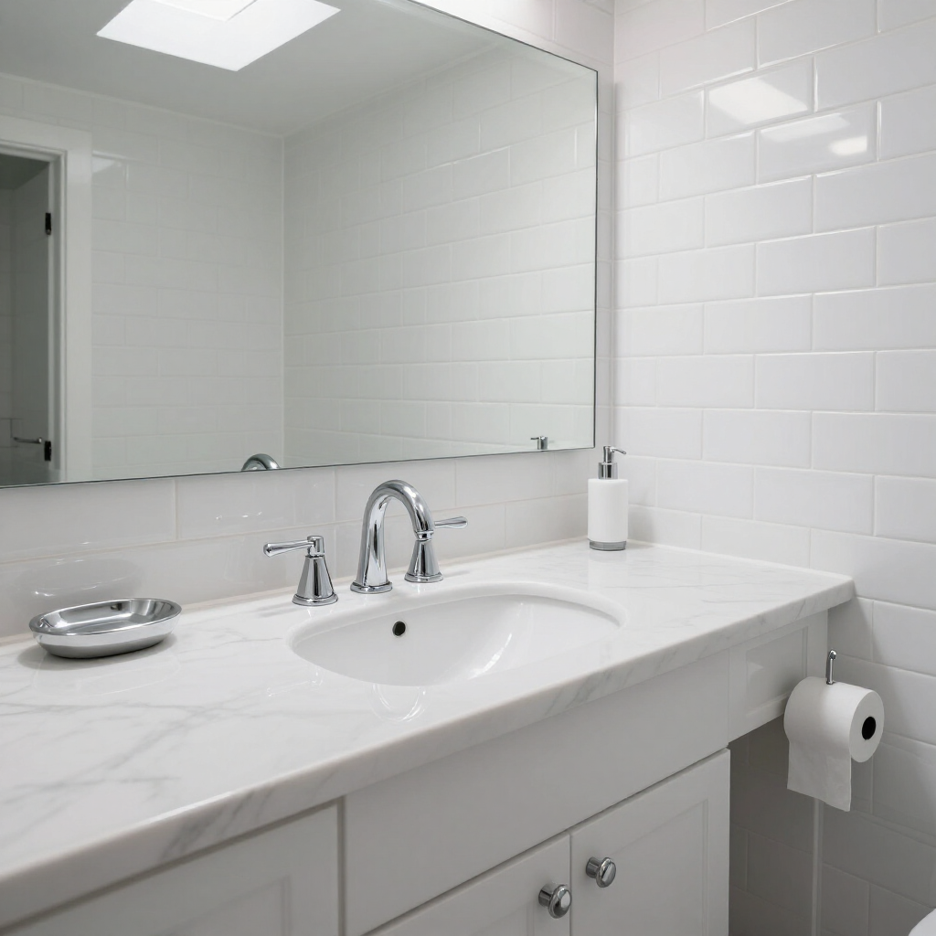 Modern white bathroom vanity with sink, mirror, chrome faucet, and wall-mounted toilet paper holder.