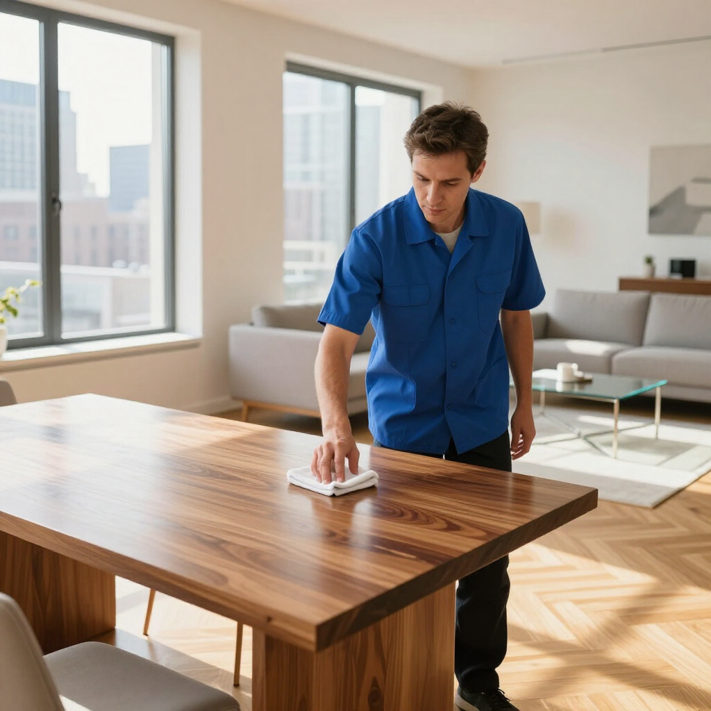 Person wiping a wooden table in a bright modern living room