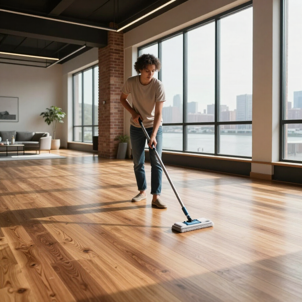 Person mopping a sunlit hardwood floor in a modern apartment with large windows