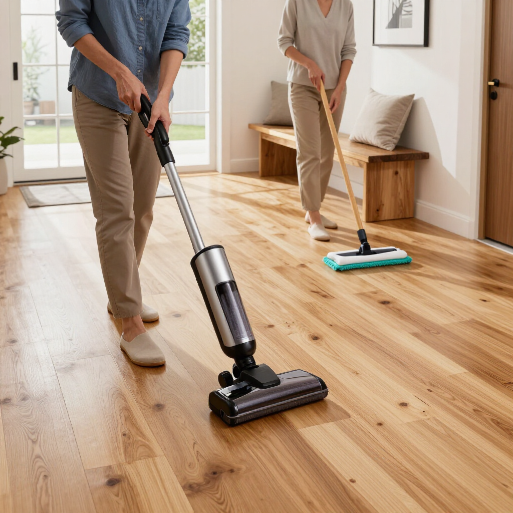 Two people mopping a sunlit wooden floor in a bright room