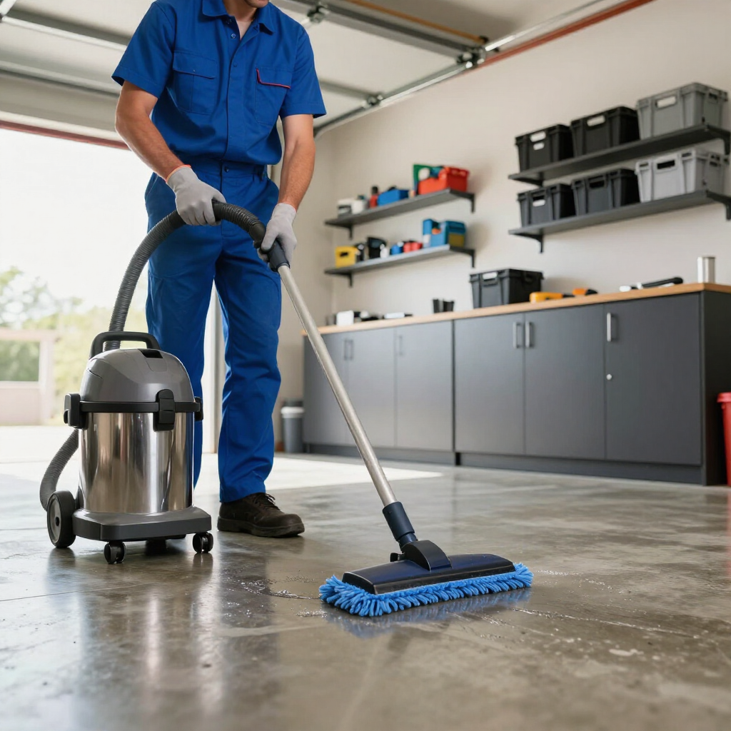 Janitor mopping a garage floor beside a wet-dry vacuum and storage cabinets
