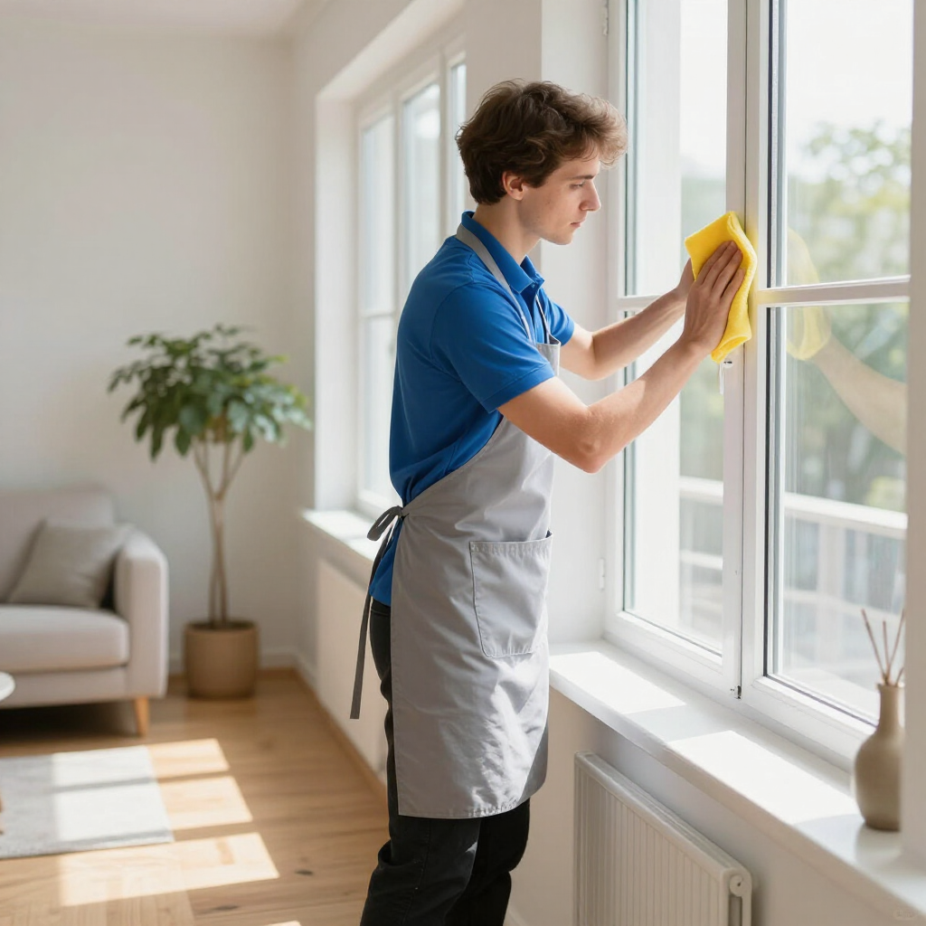 Person cleaning a sunlit window with a yellow cloth in a bright living room