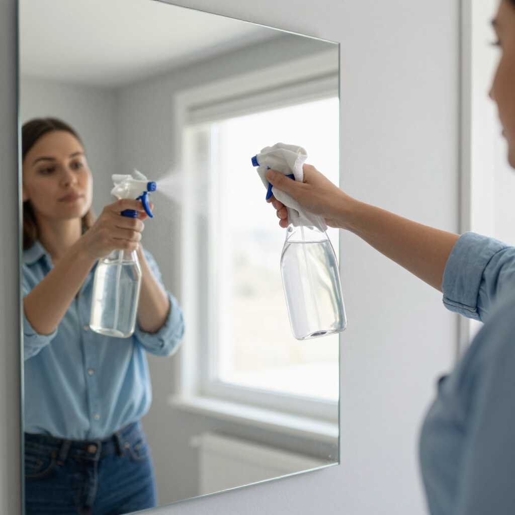 Woman cleaning a mirror with a spray bottle in a bright room