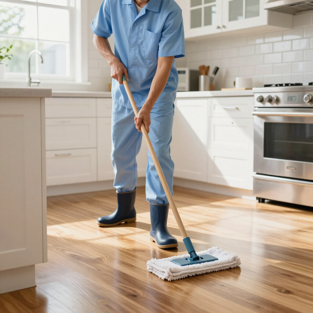 Person mopping a bright kitchen floor with a white string mop and blue bucket nearby