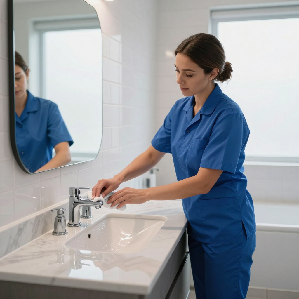 Nurse in blue scrubs washing hands at a white sink in a bright bathroom