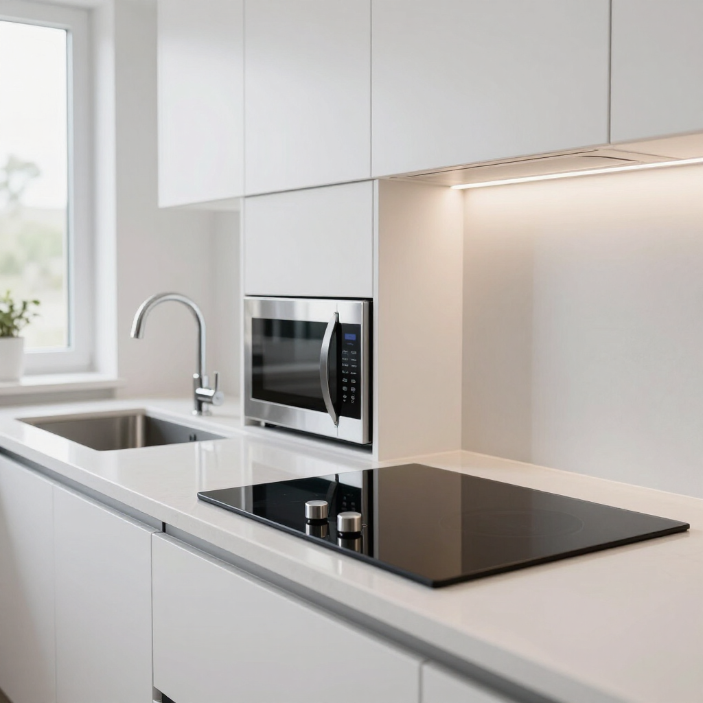 Modern white kitchen with sink, built-in oven, and black induction cooktop by a window