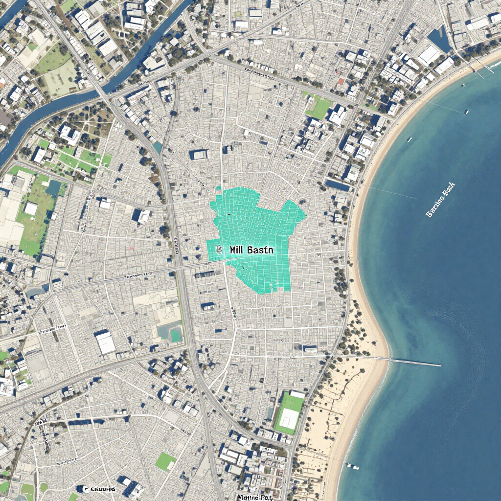 Aerial view of a coastal city with a sandy beach and turquoise bay beside dense streets and buildings.