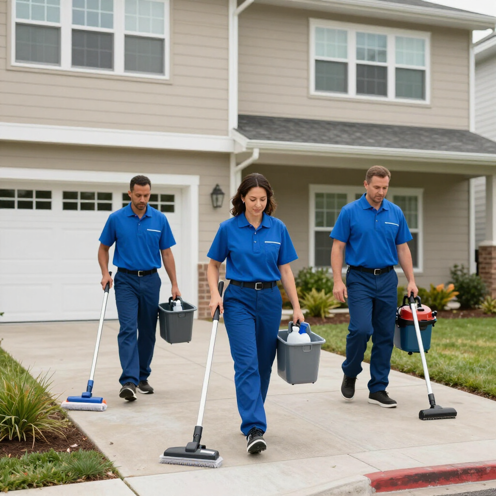 Three cleaning staff in blue uniforms mopping and carrying supplies in front of a townhouse.