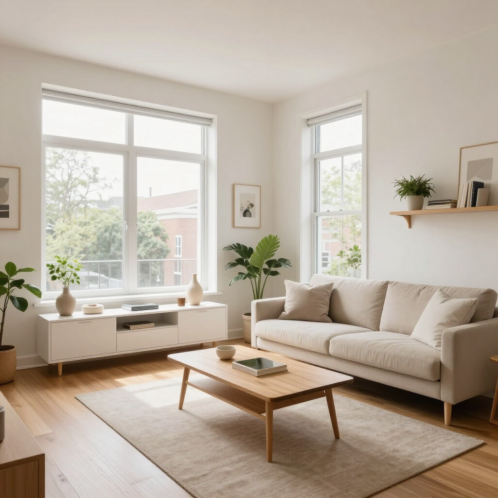 Bright living room with large windows, beige sofa, wooden coffee table, and plants
