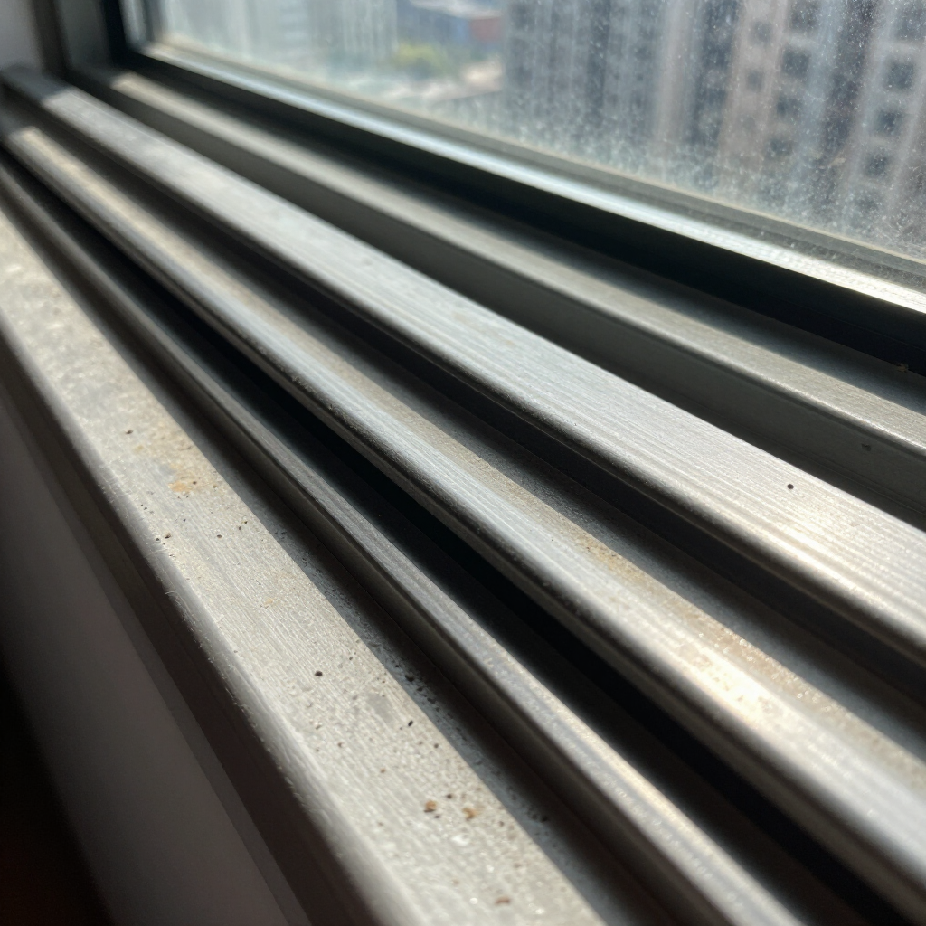 Close-up of a sunlit window sill and metal tracks with a blurred city view outside