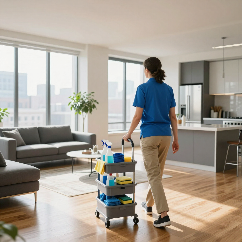 Person in blue shirt mops a bright modern apartment kitchen-living room with a cleaning cart nearby