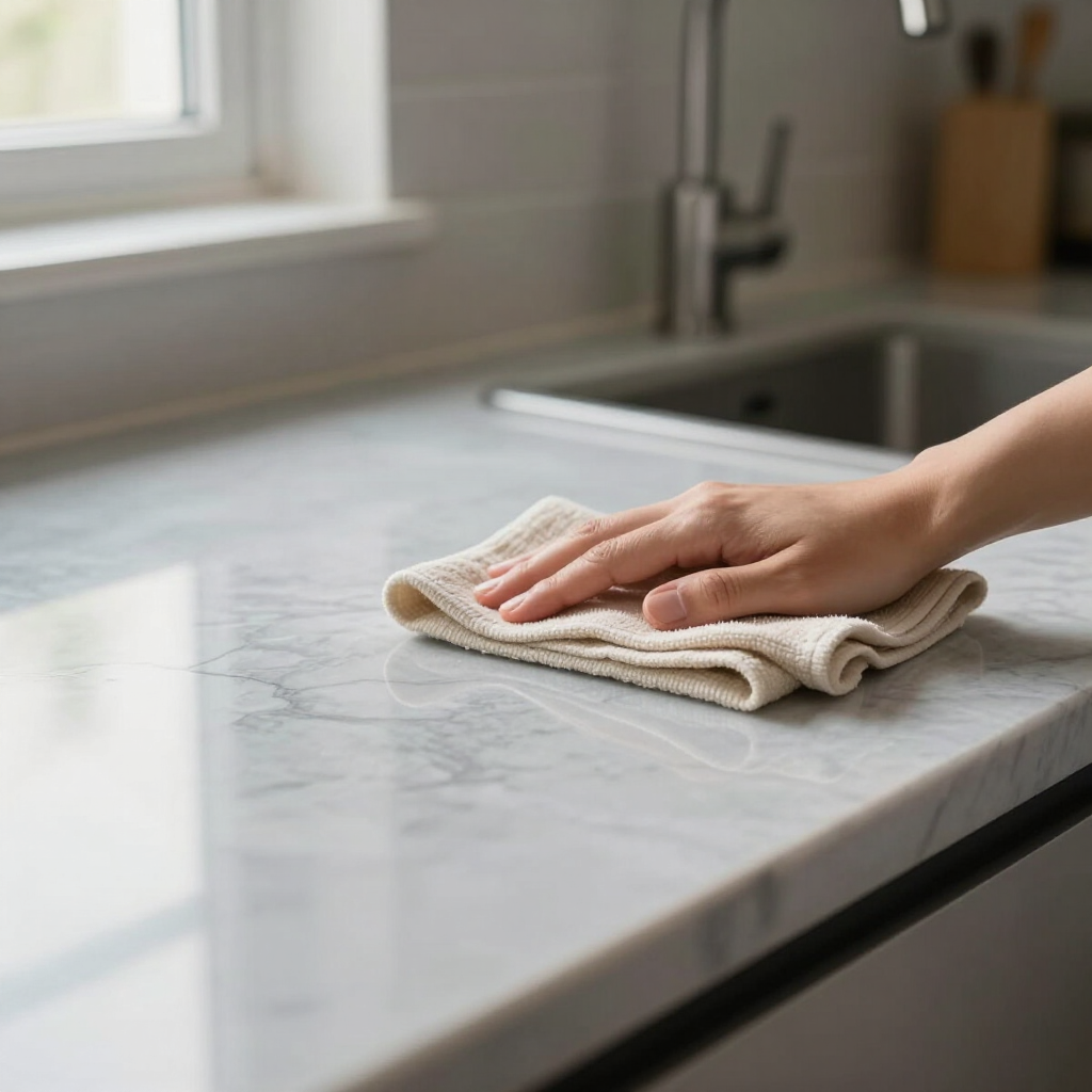 Hand wiping a light marble kitchen countertop with a beige cloth near a sink and window